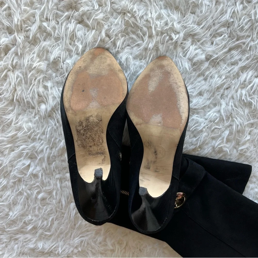 Michael Kors Caroline Suede Leather Boots‎ High Heel Black Size 8 Gold Logo Used